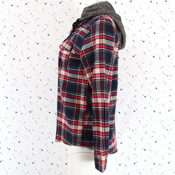 Removable Hood Button Plaid Shirt Taupe Red Navy - Picture 4 of 7